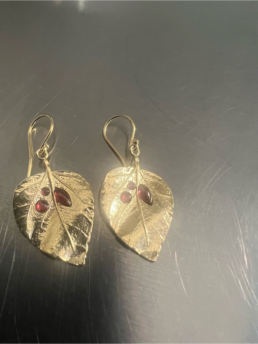 Gold  Over Sterling Silver Leaf Drop Earrings with Red Gem Accents